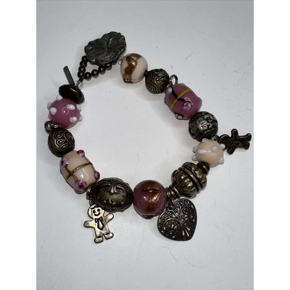 Bedazzled Bracelet Sterling Silver Charms Murano Cupcake Glass beads Pink Heart